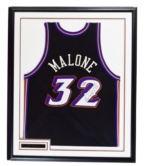 Karl Malone Signed Black Utah Jazz Jersey Framed 
